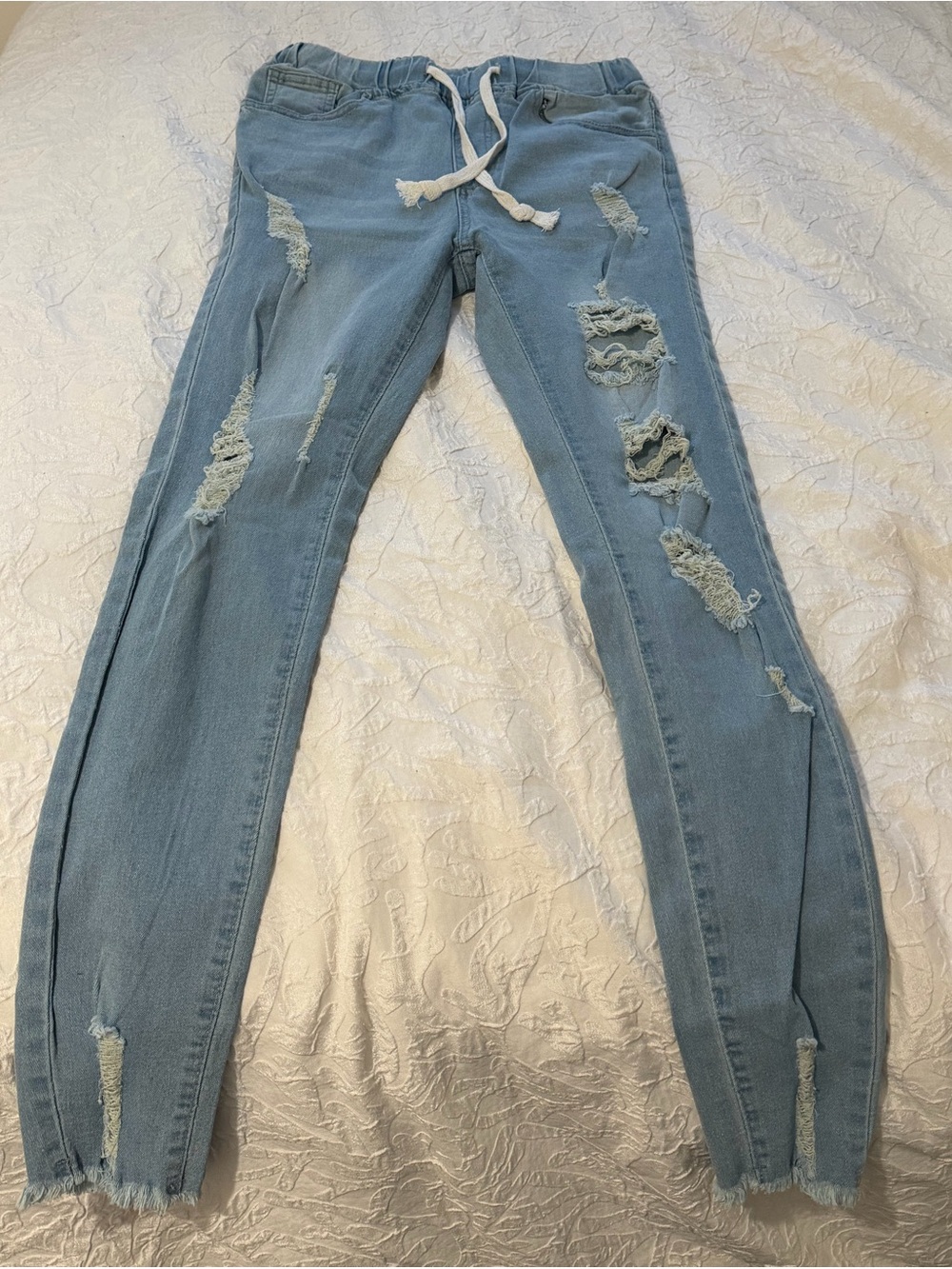 SHEIN Light Blue Ripped Drawstring Skinny Jeans